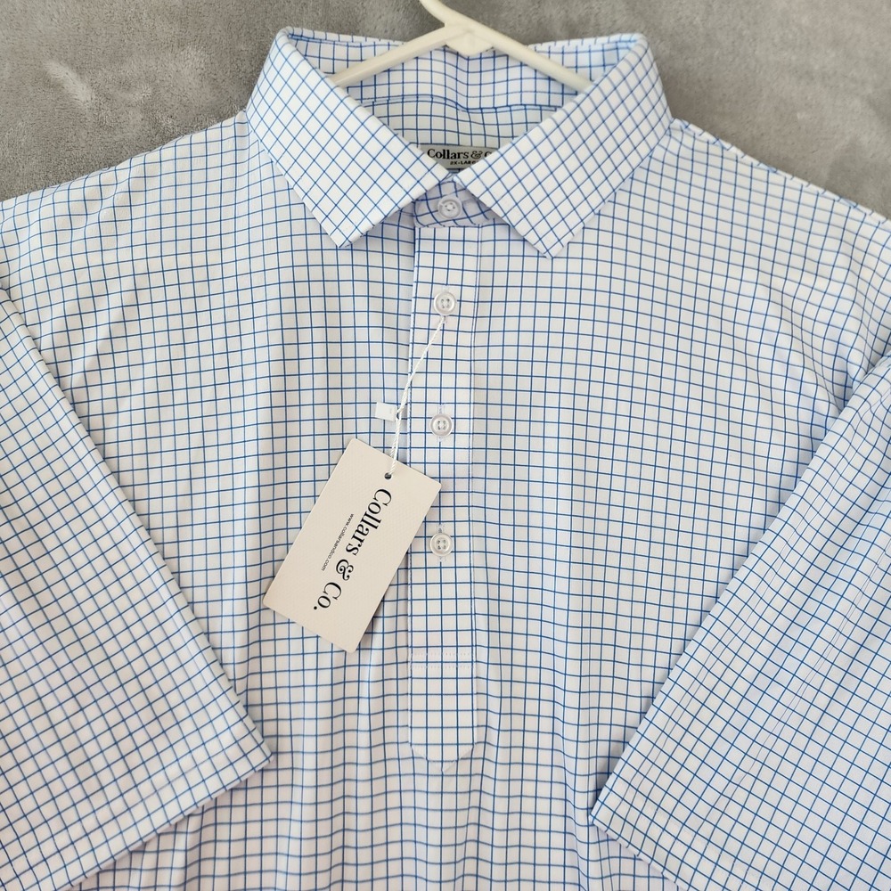 Collars & Co Polo Shirt Mens Size 2XL Blue White Grid Firm Dress Collar XXL NWT